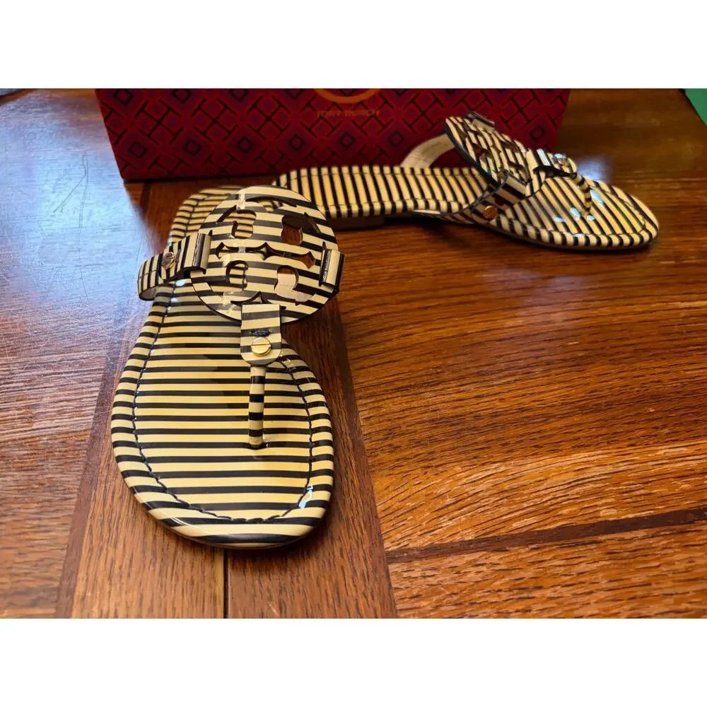 Tory Burch Miller Sandals Size 6 Navy Nautical Striped Patent Leather Thong